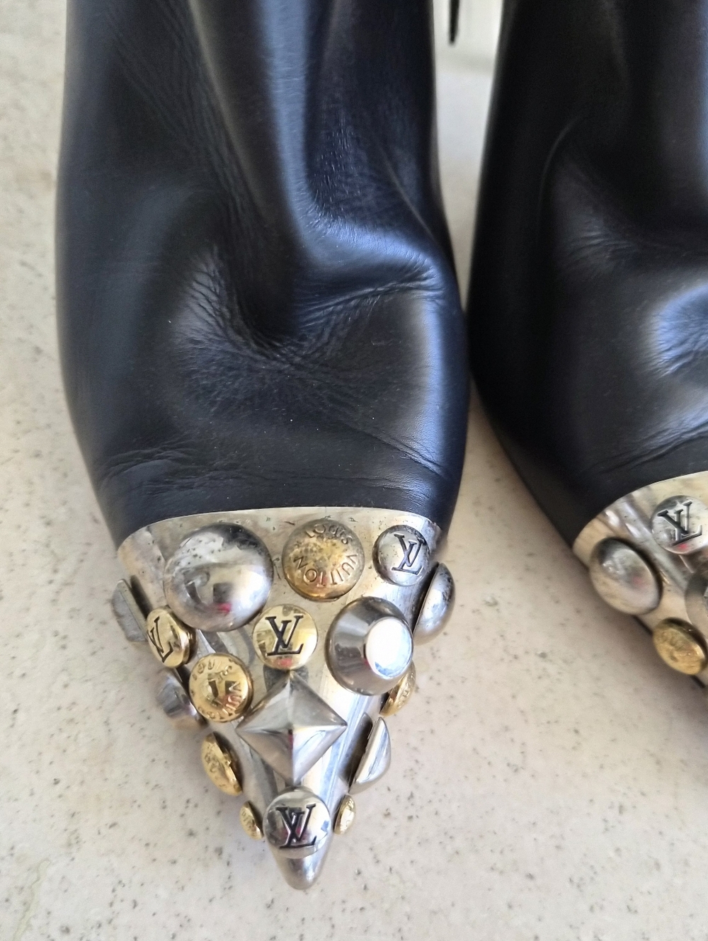 Louis Vuitton Black Leather Studded Cap-Toe Ankle Boots - Size 37 - Picture 2 of 9